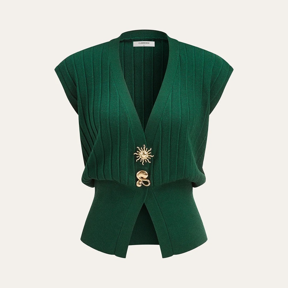 Emerald Green Sleeveless Ribbed Knit Vest with Gold Buttons